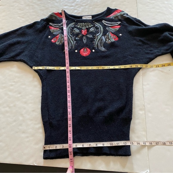 Vintage 90s Sweater Womens Size Small Dolman Beaded Leather Tunic Black Red - Picture 6 of 8